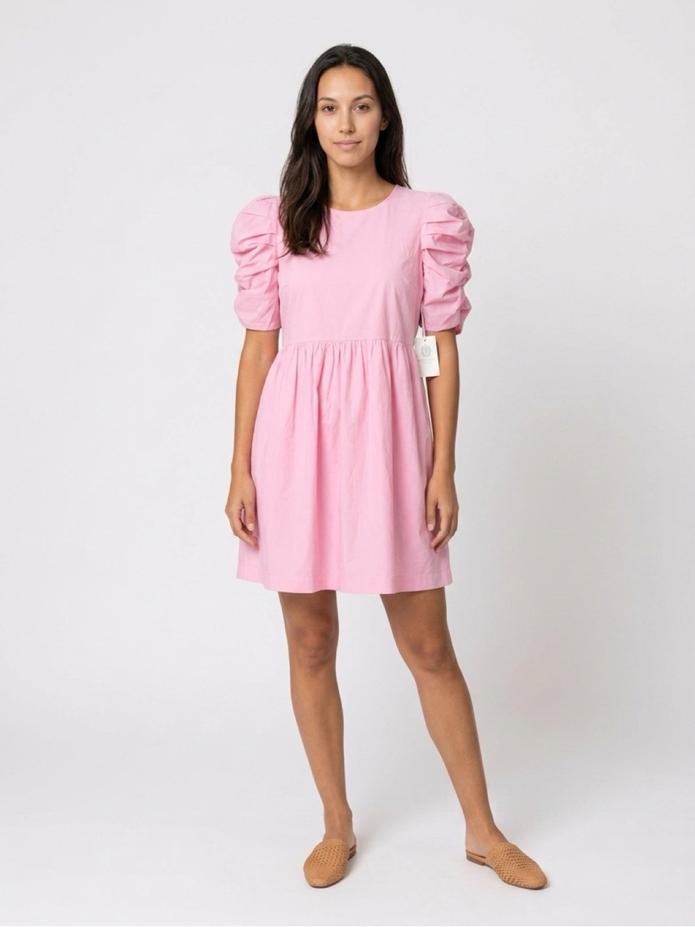 Hyacinth House Pink Cotton Puff Sleeve Ruched Tiered A-Line Mini Dress Size L